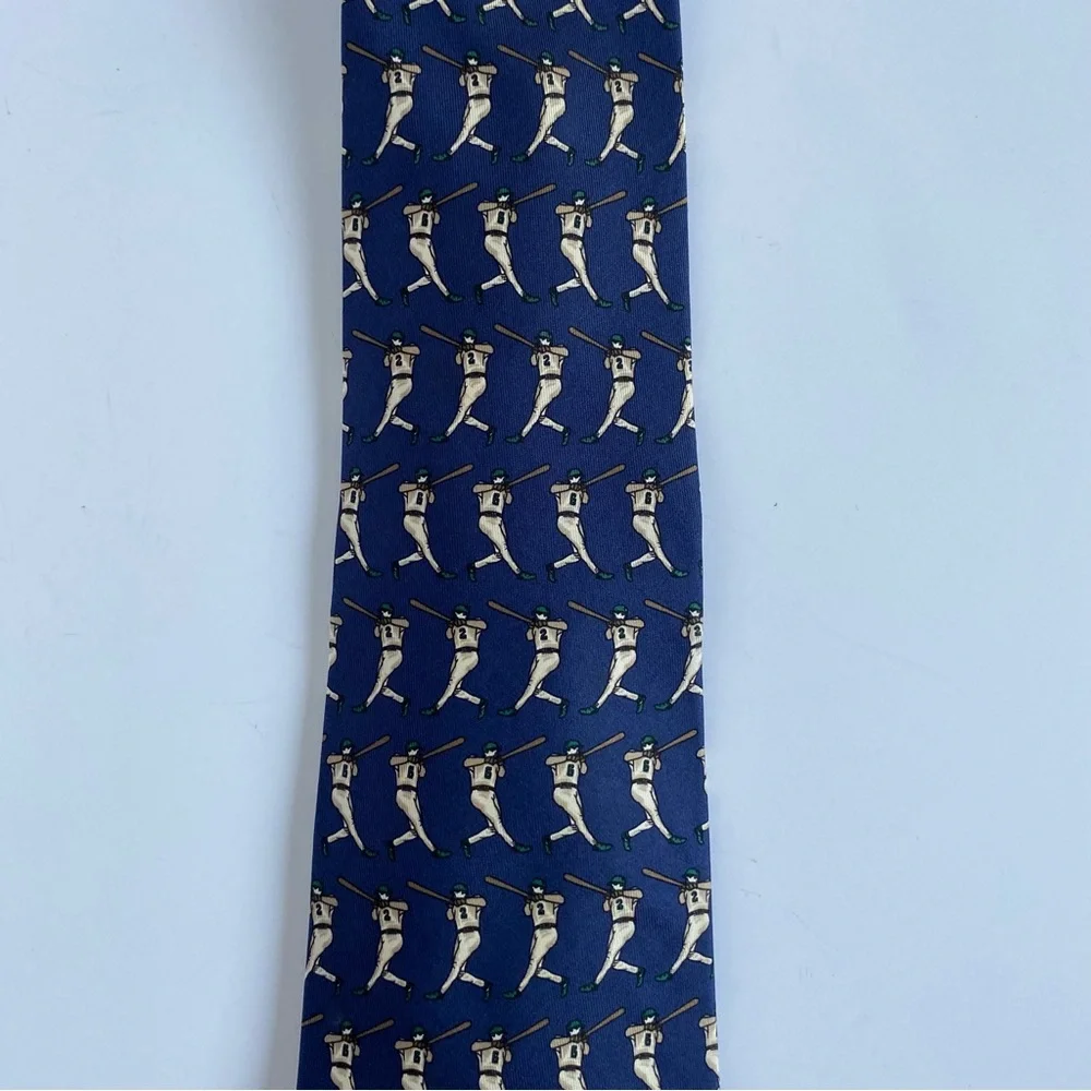 Baseball Tie LANDS’ END 100% Silk Navy Blue Hitter Batter Player EUC Mens